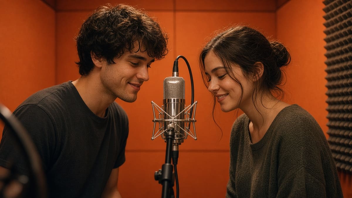 The same orange booth at the end of the take, both people leaning toward the mic