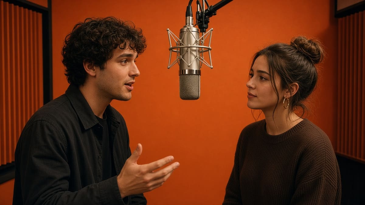 A closer view of the hanging microphone as the two performers trade a short verse