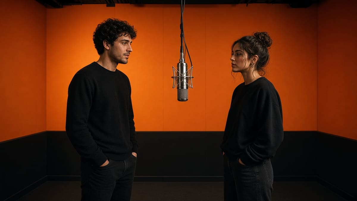 Two people in a flat orange studio booth with one microphone hanging between them