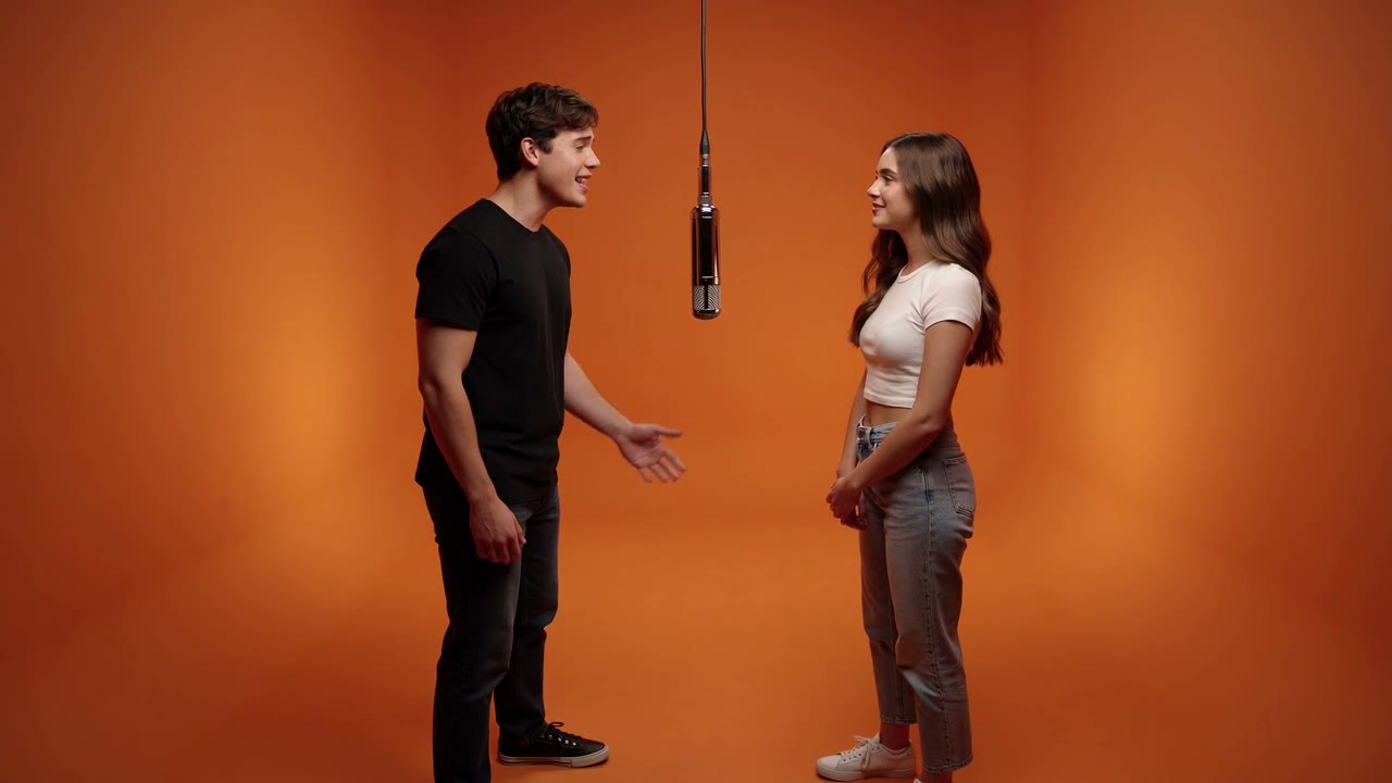 Orange booth, two people, one hanging mic